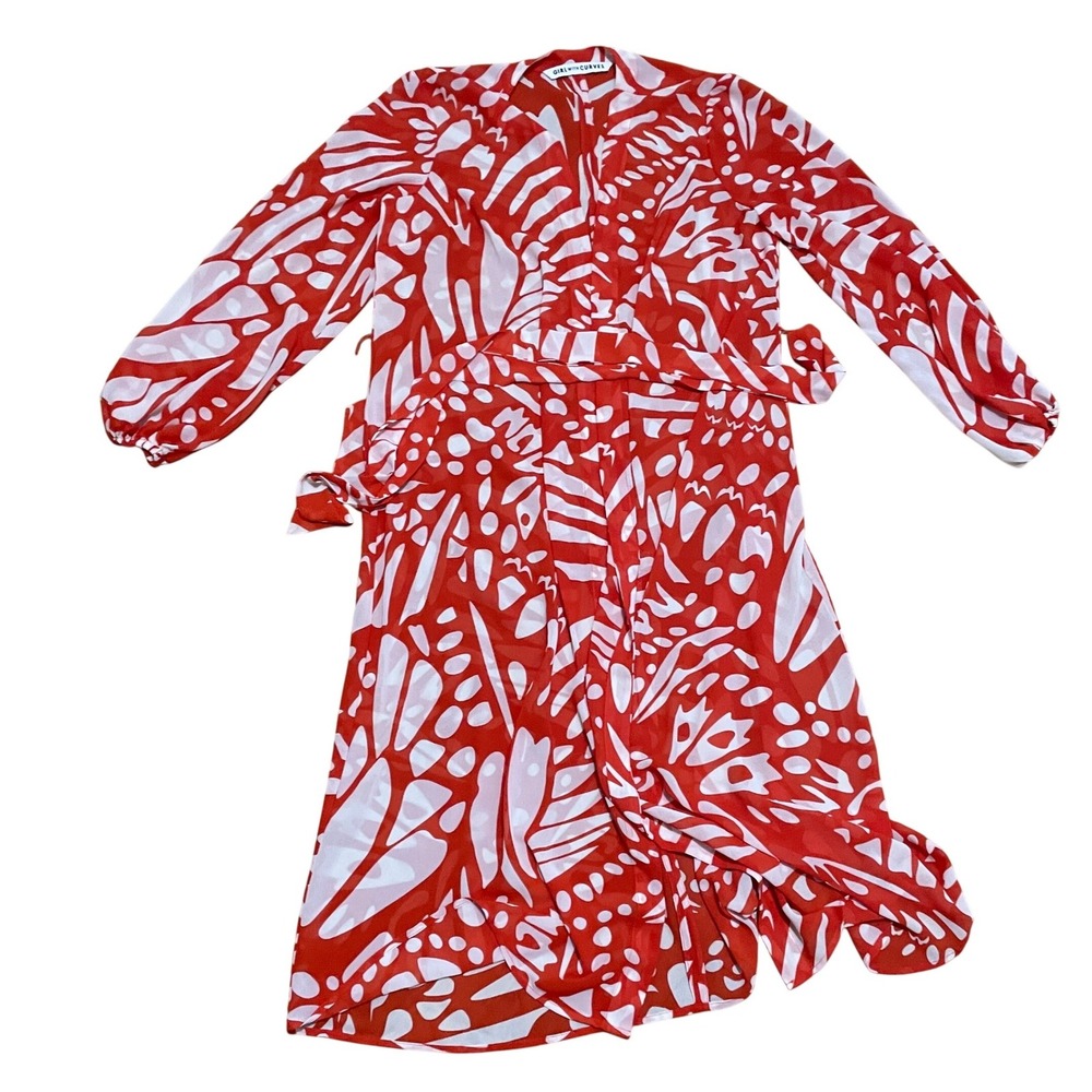 Girl With Curves XS Orange White Abstract Leaf Print Sheer Robe Cover Up Resort